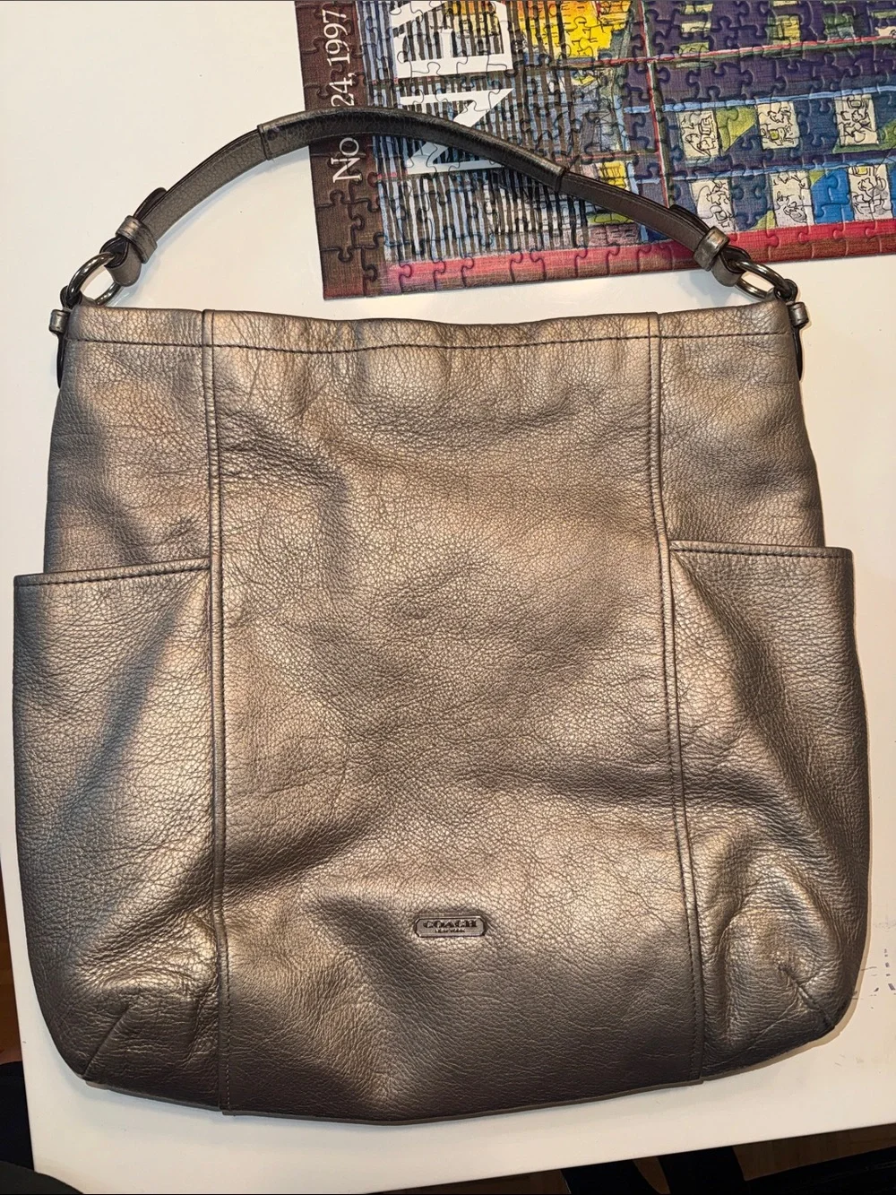 Coach Metallic Pewter Leather Hobo Shoulder Bag